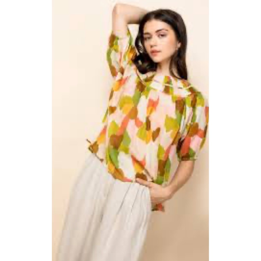 THML Anthropologie Krista Abstract Multi‑Color Short Sleeve Top Womens Sz M